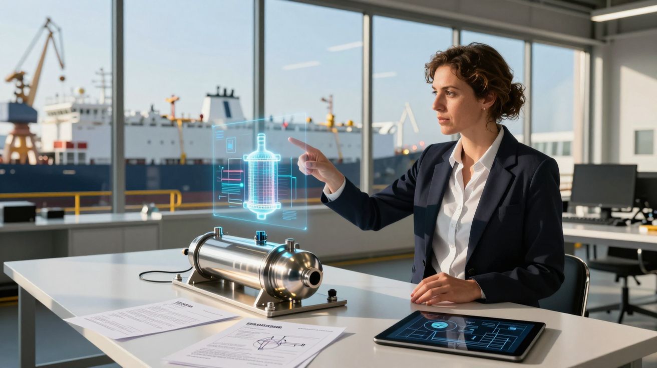 Mulher a analisar filtro industrial com projeção holográfica numa sala com vista para porto e navio.
