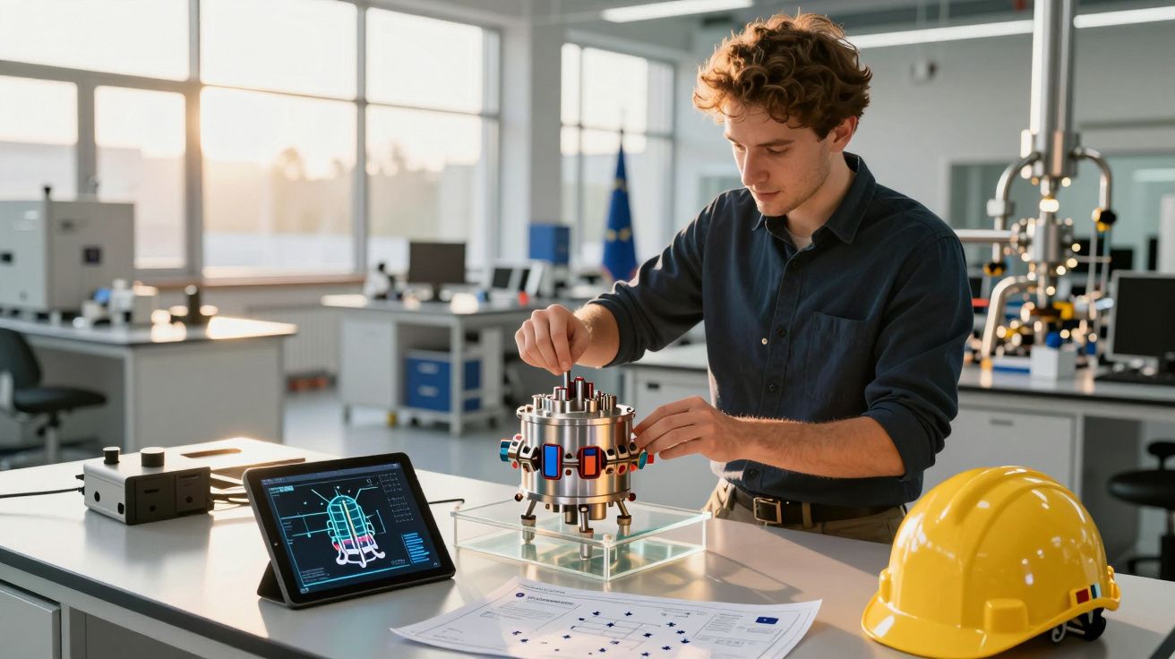 Engenheiro a ajustar equipamento tecnológico num laboratório moderno com capacete amarelo na mesa.