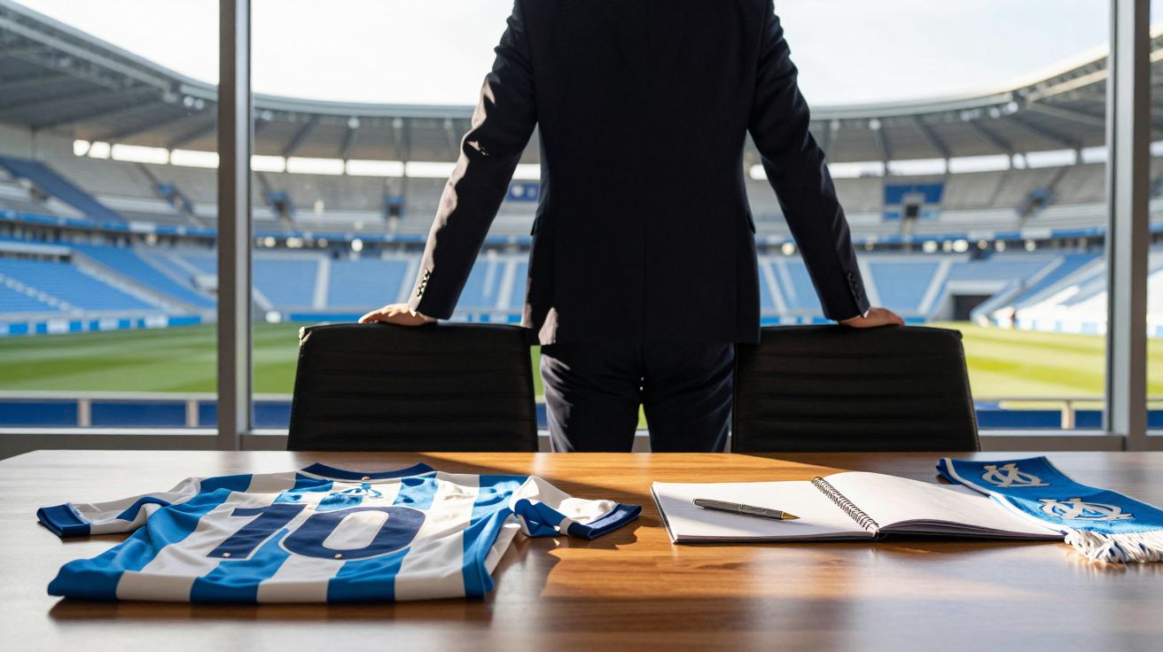 Homem em fato olha para estádio de futebol, com camisola e lenço azul e branco na mesa em destaque.
