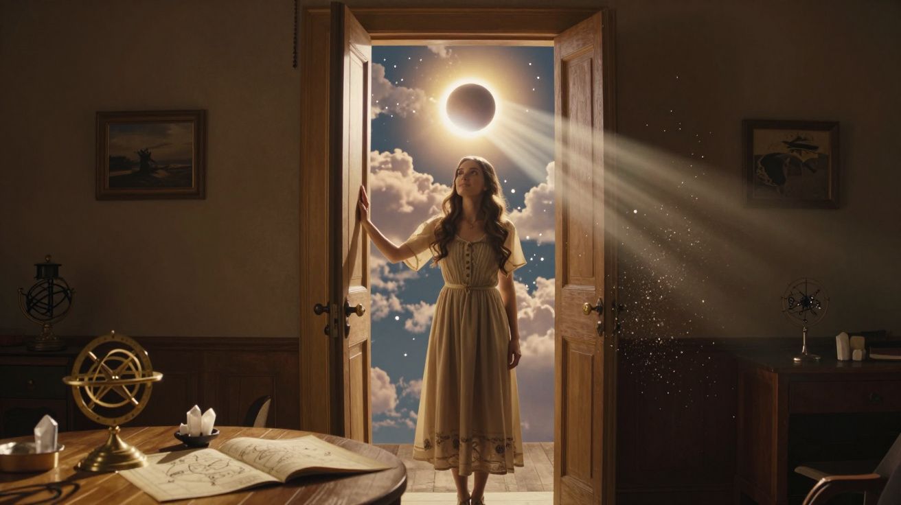 Mulher em vestido claro numa porta aberta para um céu estrelado com eclipse solar e raios de luz entrando.