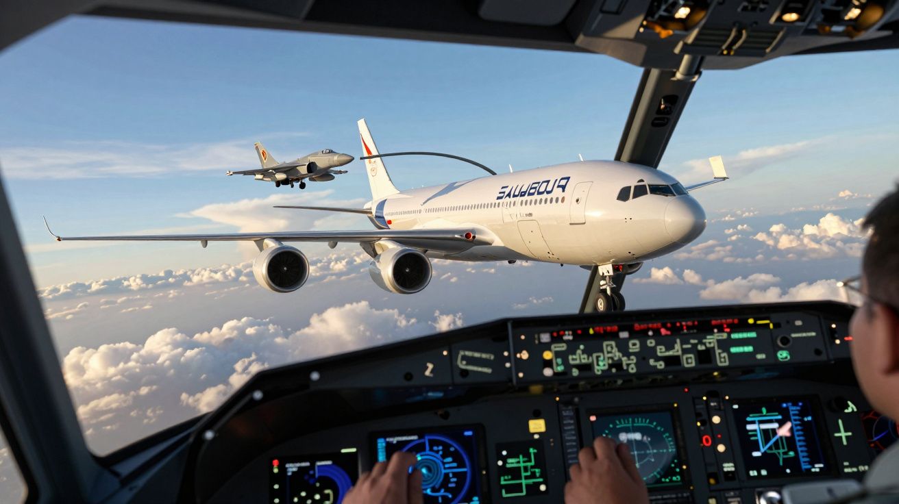 Vista interior do cockpit de um avião comercial a voar junto a outro avião e um caça militar.