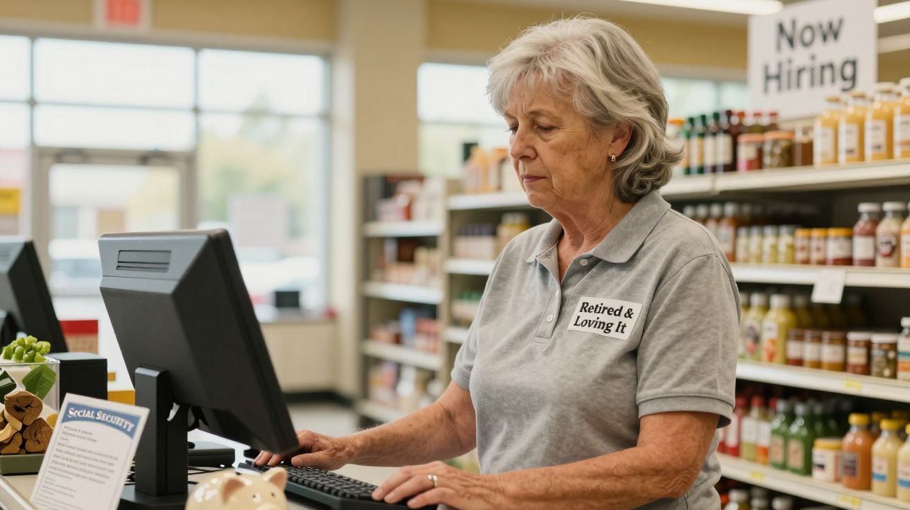 Mulher sénior a usar computador numa loja com prateleiras de produtos e cartaz "Now Hiring" ao fundo.