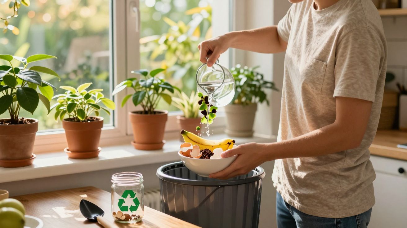 Pessoa a deitar restos de fruta e cascas numa composteira doméstica na cozinha, com plantas na janela.