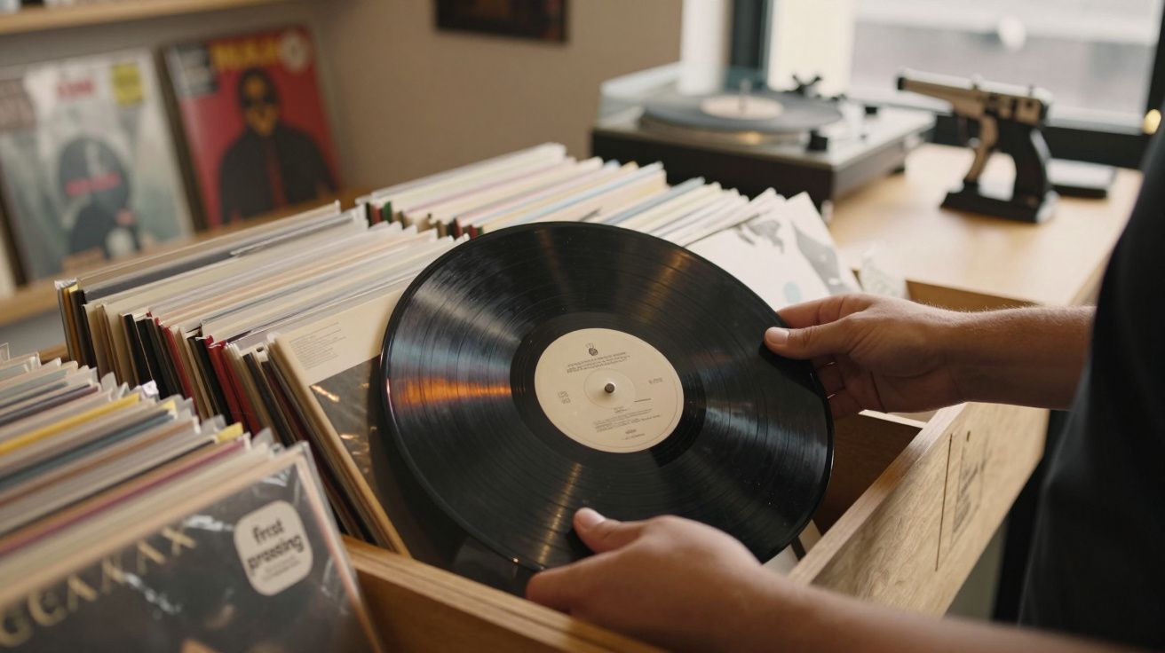 Pessoa a segurar um disco de vinil numa loja com prateleiras cheias de álbuns em vinil.