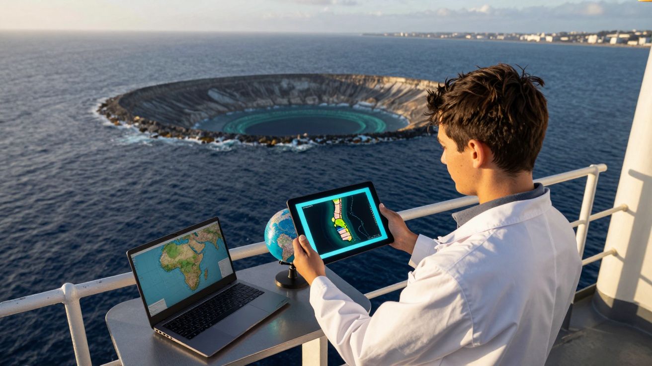 Homem em bata branca na varanda com tablet e computador, observando buraco gigante no oceano.