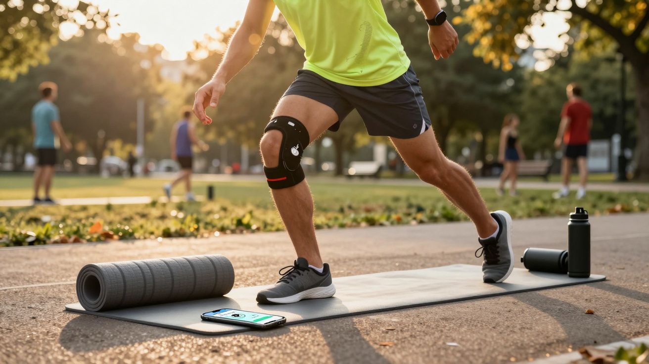 Pessoa a alongar a perna num parque com tapete de exercício, garrafa e rolo de espuma ao lado.