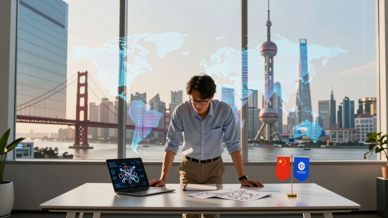 Homem a trabalhar num escritório com mapas digitais e bandeiras da China numa mesa junto a janelas panorâmicas.