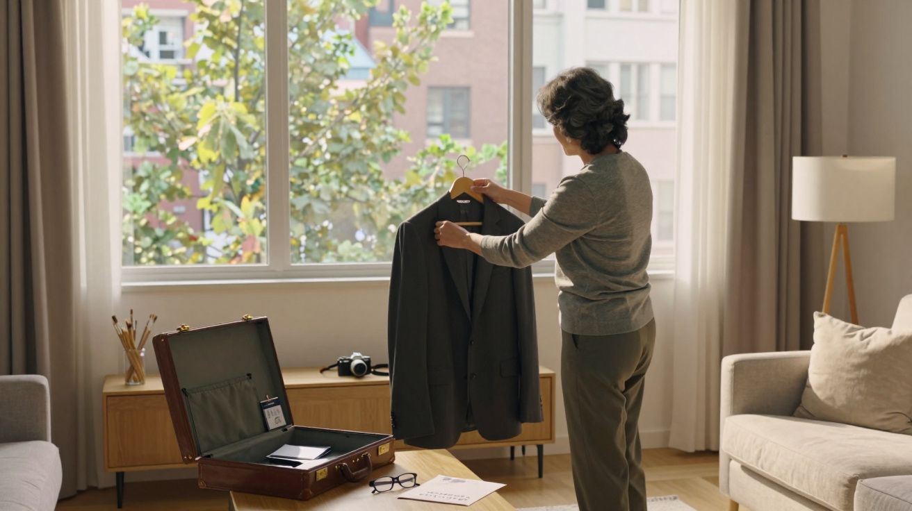 Pessoa segura um casaco em cabide, preparando mala aberta numa sala iluminada com janela grande.