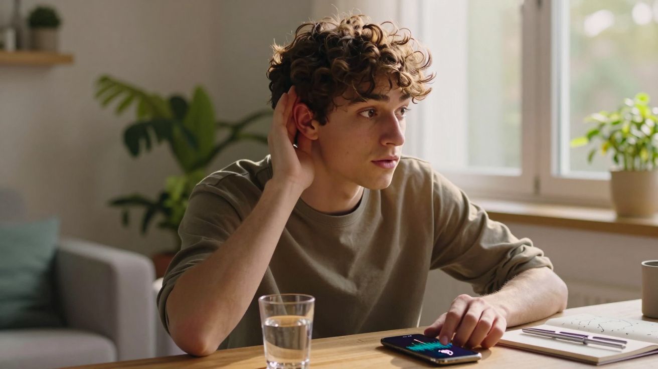 Jovem sentado à mesa, ouvindo atentamente enquanto segura um telemóvel com auscultadores.