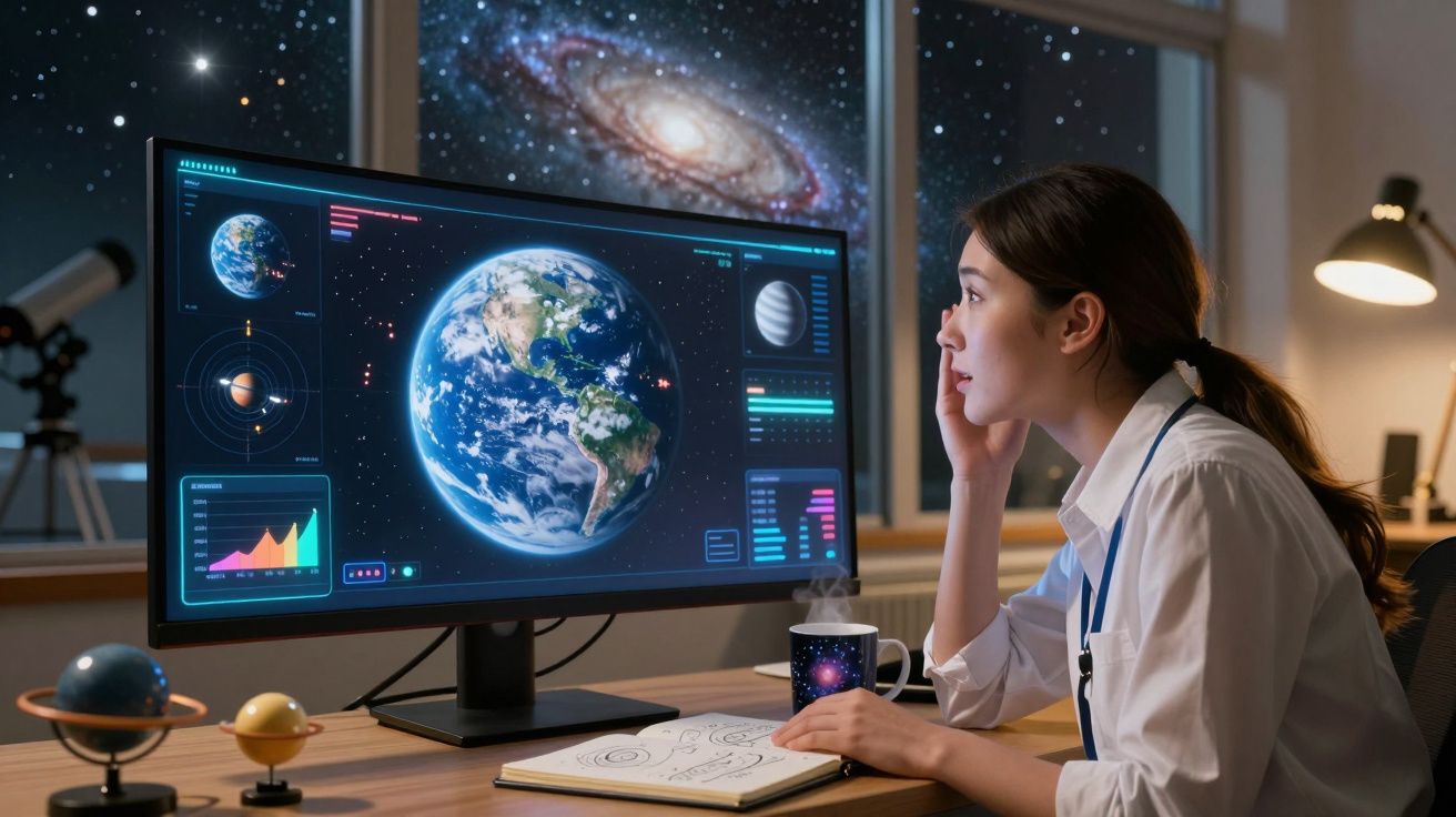 Mulher a estudar dados do planeta Terra num ecrã computador com telescópio e modelos planetários na mesa.