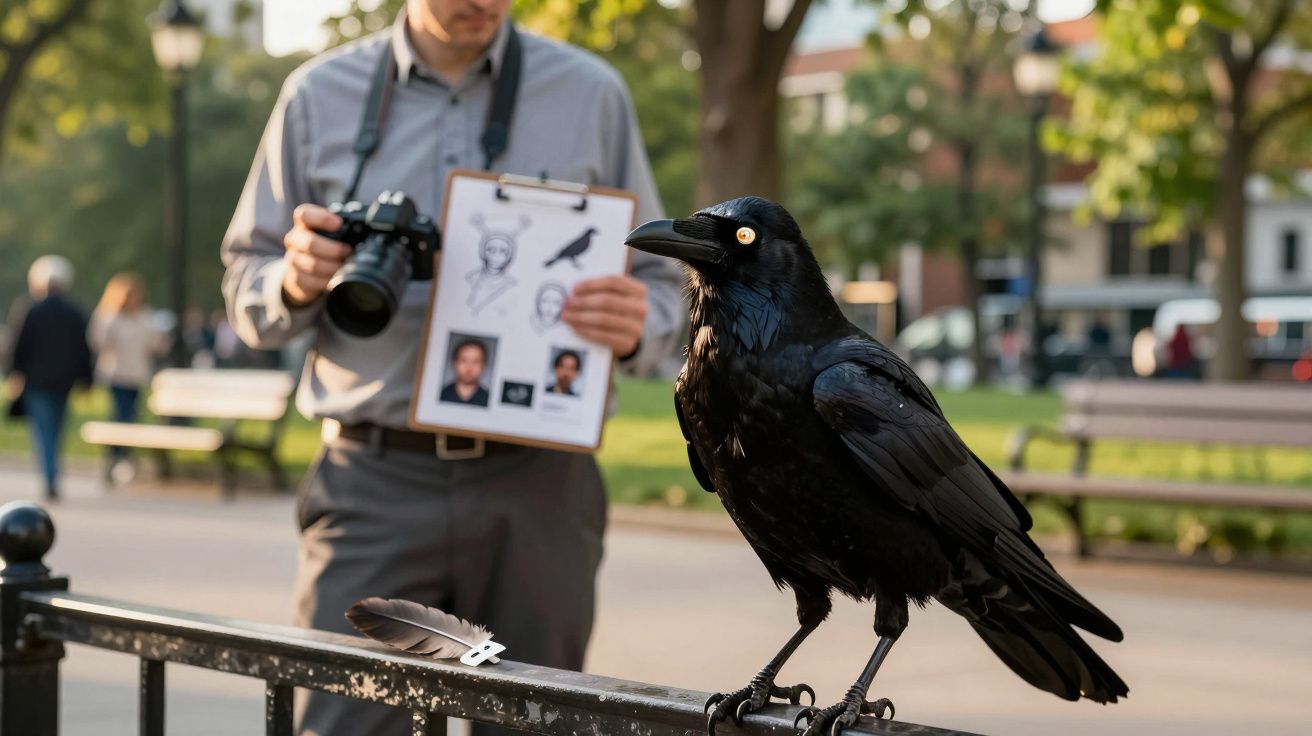 Corvo preto pousado numa grade com homem ao fundo segurando câmara e acessórios de desenho.