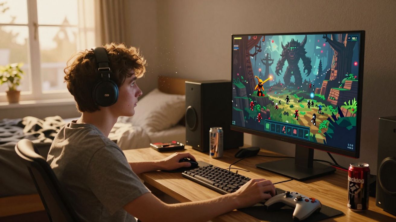 Jovem a jogar videojogo de fantasia numa secretária com auscultadores, teclado e comando ao lado.