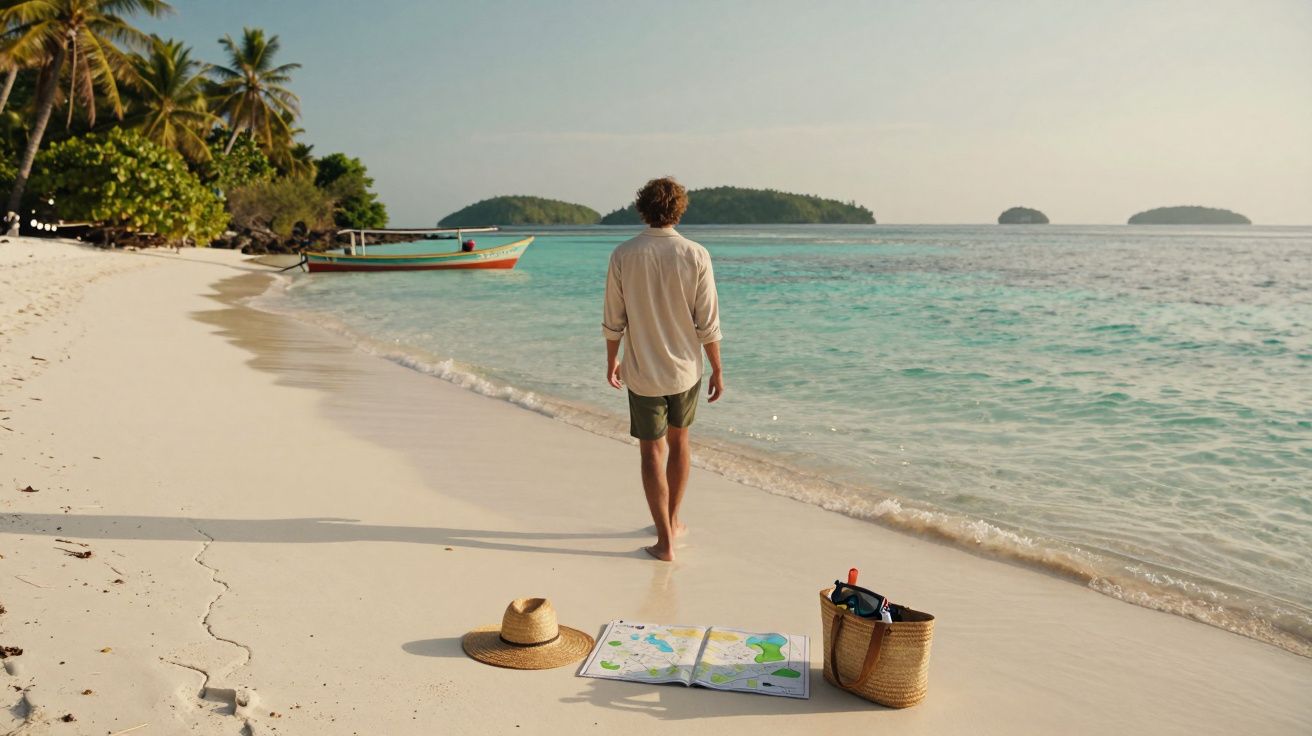 Homem a pé descalço na praia junto ao mar, com nave e vegetação ao fundo e objetos na areia.