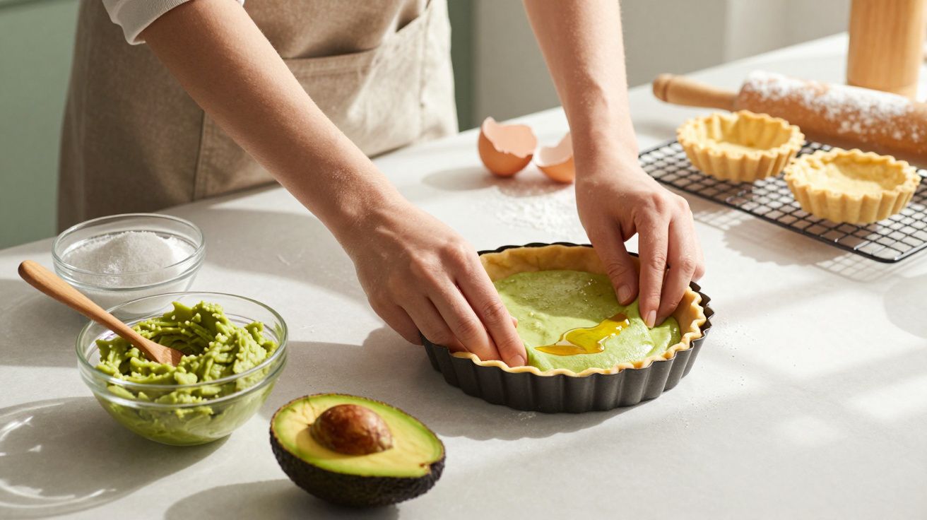 Mãos a preparar uma tarteira com massa e recheio verde, próximo de abacate e tigelas com ingredientes.
