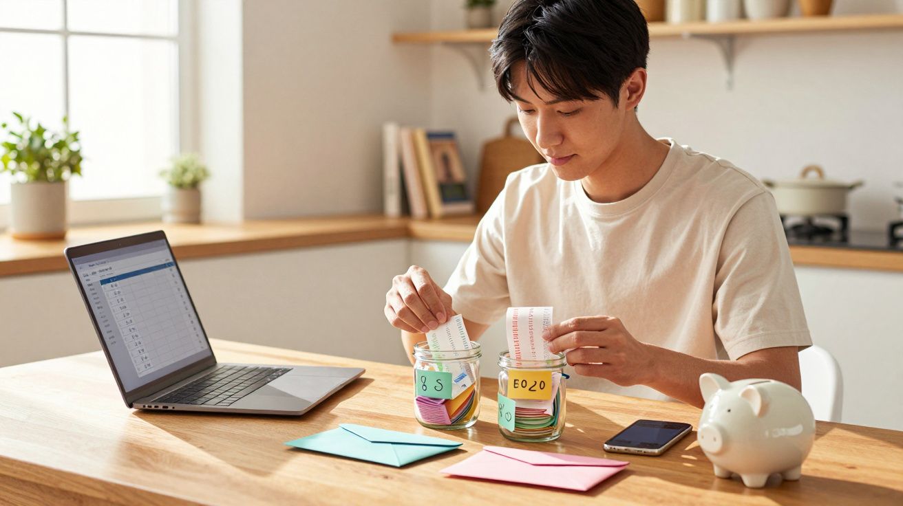 Homem organiza recibos em frascos etiquetados, com computador e mealheiro numa mesa de madeira.