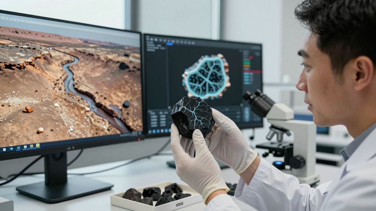 Cientista com luvas a analisar amostra preta com rachaduras azuis, com imagens digitais em monitores ao fundo.