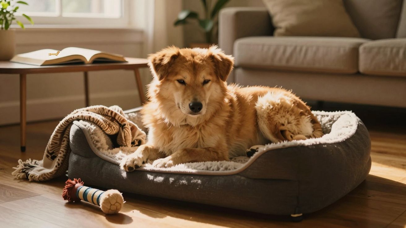 Cão castanho de pelo comprido deitado numa cama para cães num chão de madeira, com brinquedo e manta perto.