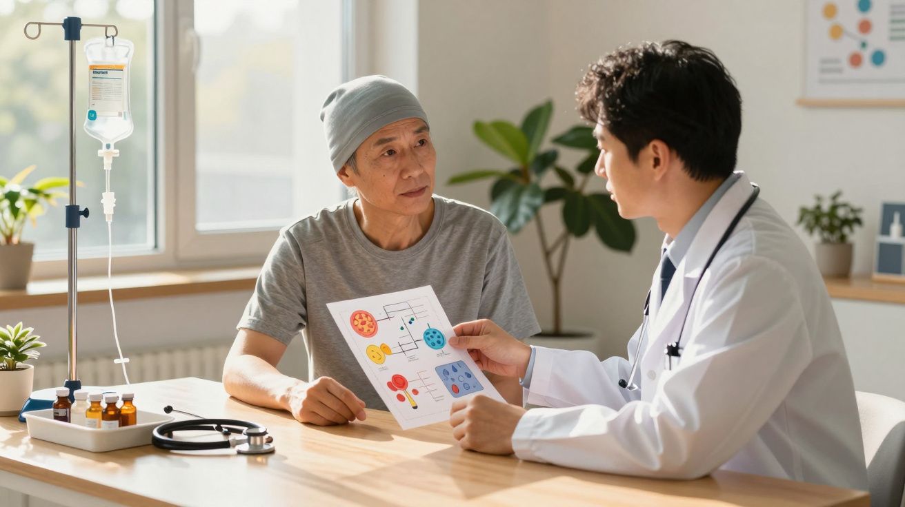 Médico consulta paciente oncológico que usa lenço na cabeça, explicando resultados médicos num consultório iluminado.