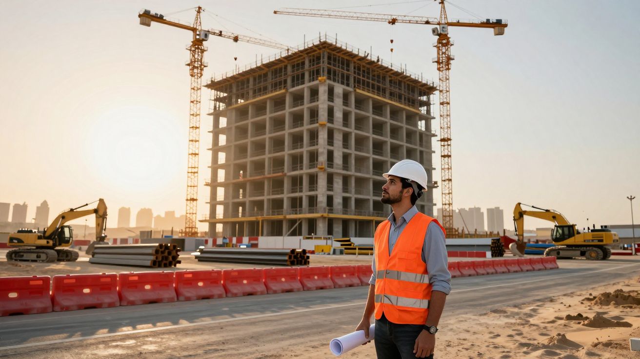 Engenheiro com capacete e colete na obra, com prédio em construção e gruas ao fundo ao pôr do sol.