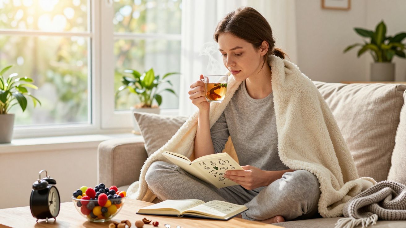Mulher relaxa no sofá com manta, lendo livro e bebendo chá numa manhã luminosa.
