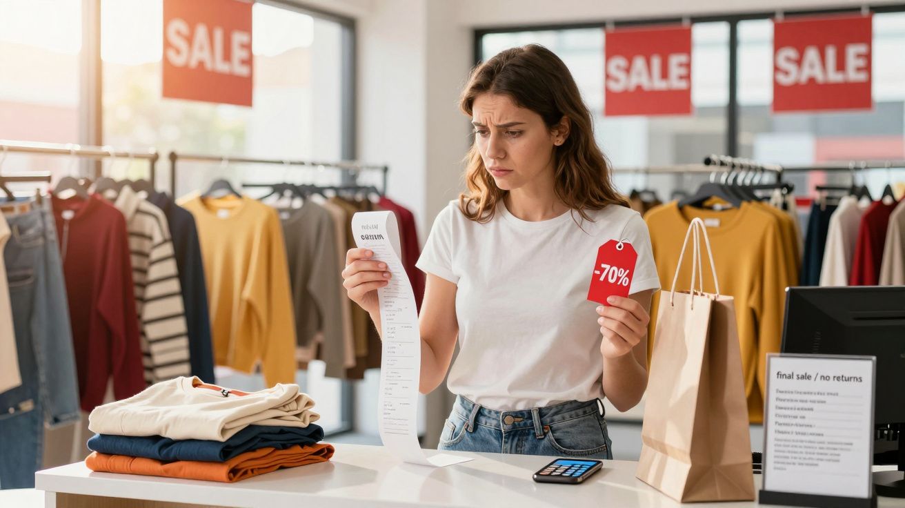 Mulher numa loja com expressão preocupada, segurando talão de compras e etiqueta de desconto de 70%.
