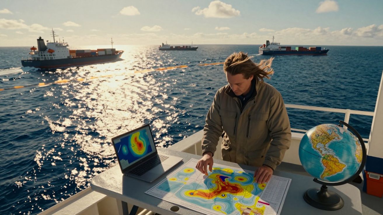 Pessoa analisa mapas de dados climáticos numa embarcação no mar com navios ao fundo e globo terrestre na mesa.