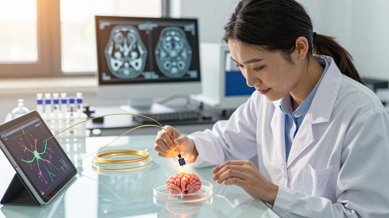Cientista a estudar cérebro em miniatura numa placa de Petri com equipamento tecnológico num laboratório.