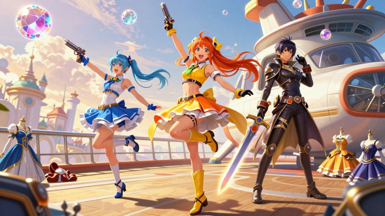 Três personagens animados em trajes coloridos, dois com pistolas e um com espada, num cenário futurista ensolarado.