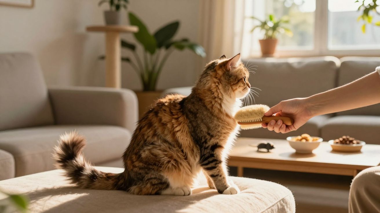Gato de pelo comprido a ser escovado numa sala iluminada com móveis neutros e plantas decorativas.