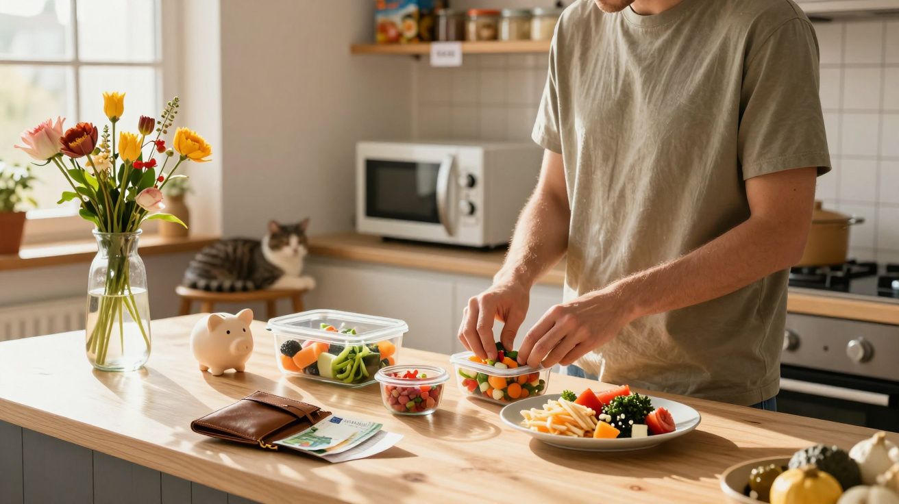 Pessoa a preparar salada na cozinha com flores, cofrinho, carteira e gato ao fundo.