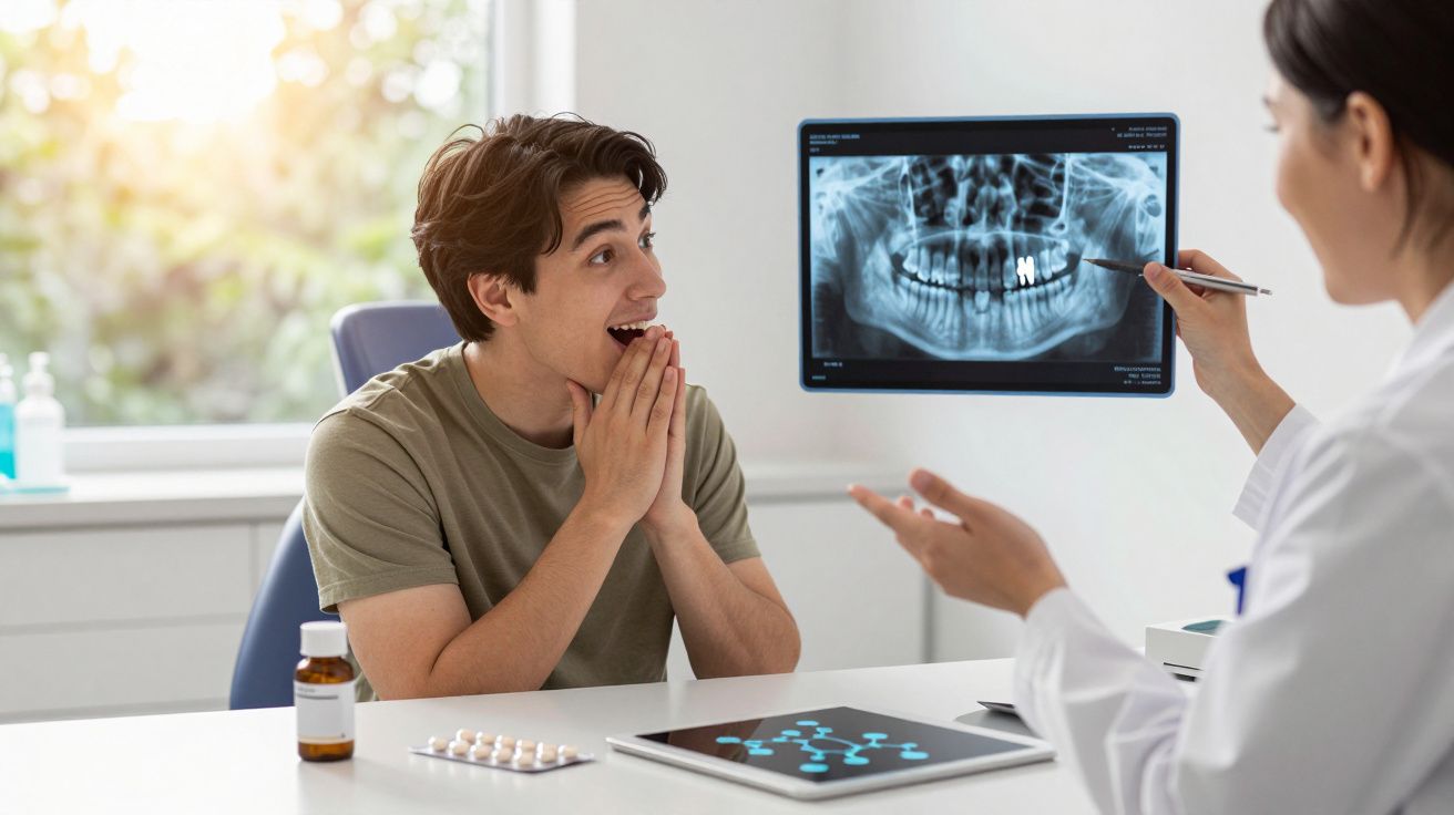 Paciente surpreendido conversa com médica dentista sobre radiografia dentária num consultório.