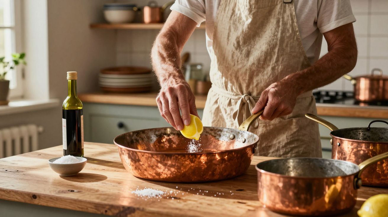 Pessoa a temperar com limão e sal uma frigideira de cobre numa cozinha rústica.