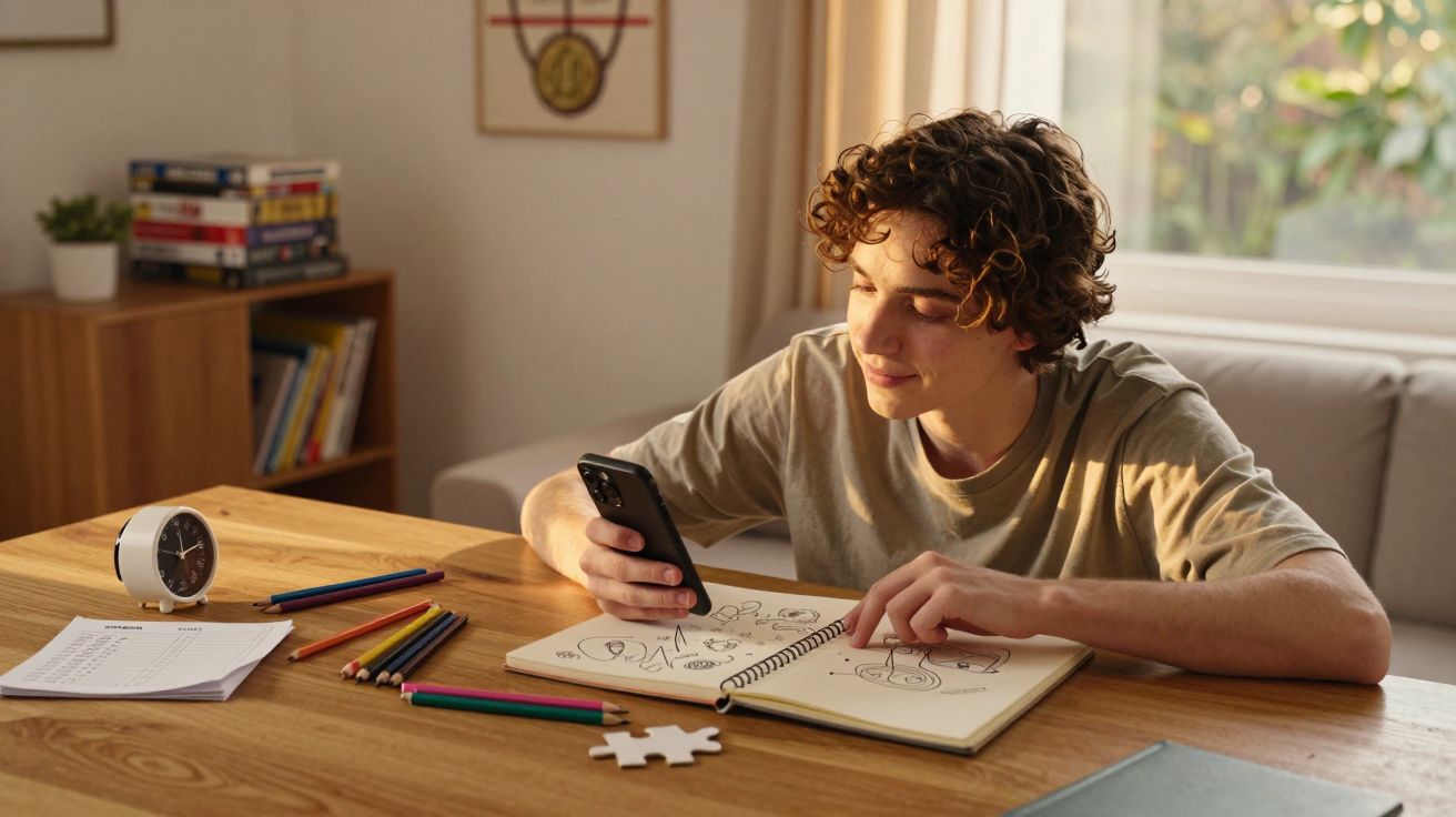 Jovem sentado à mesa a desenhar num caderno e a usar o telemóvel numa sala iluminada.