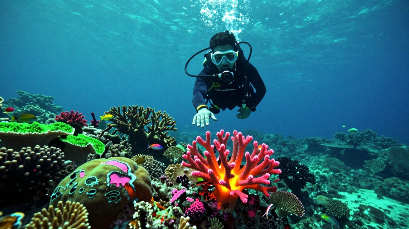 Mergulhador equipado explora recife de coral colorido com peixes tropicais num mar azul cristalino.