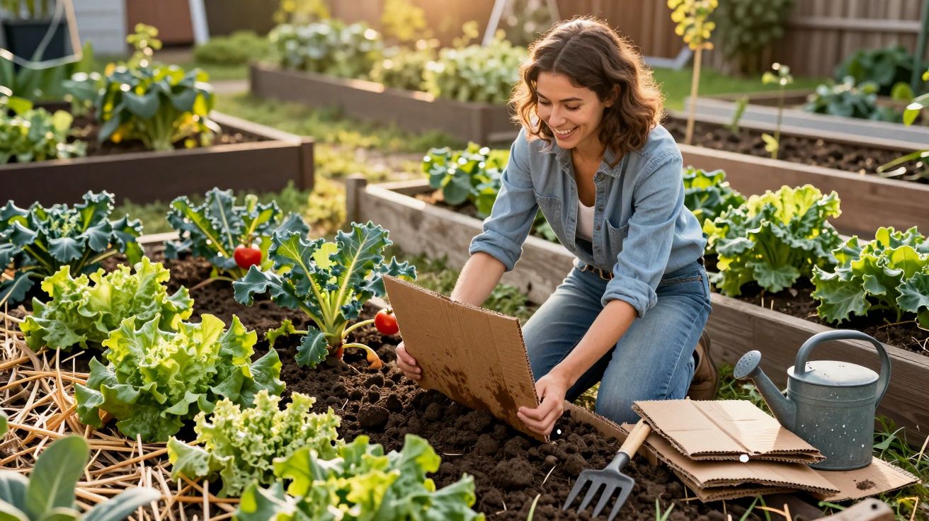 Mulher sorridente a preparar canteiro com papelão para horta urbana rodeada de legumes e regadeira.
