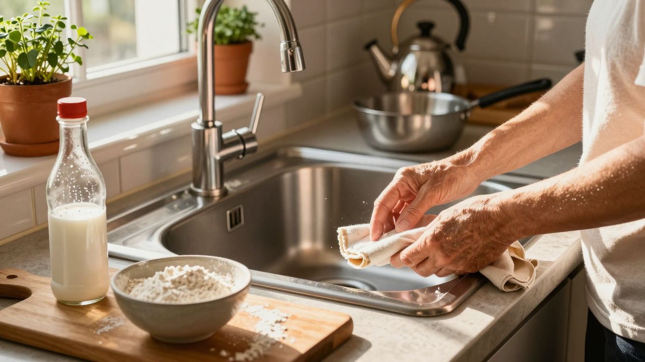 Mãos a secar um pano junto a uma pia na cozinha, com leite, farinha e plantas ao fundo.
