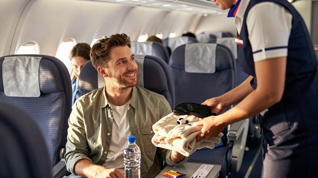 Comissária de bordo entrega manta e máscara de dormir a passageiro sorridente num avião.