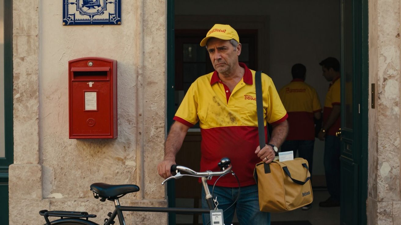 Carteiro com uniforme amarelo e vermelho ao lado de bicicleta, junto a uma parede com caixa de correio vermelha.