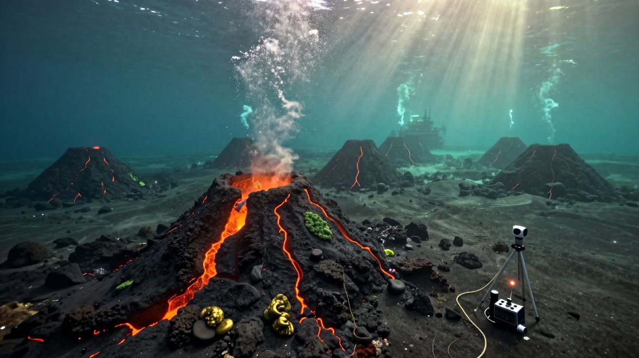 Vulcões submarinos em erupção com lava incandescente e equipamento de pesquisa no fundo do mar iluminado.