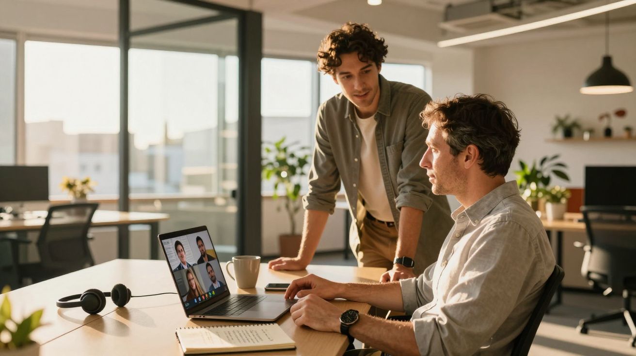 Dois homens a trabalhar num escritório moderno, com videoconferência aberta no computador portátil.