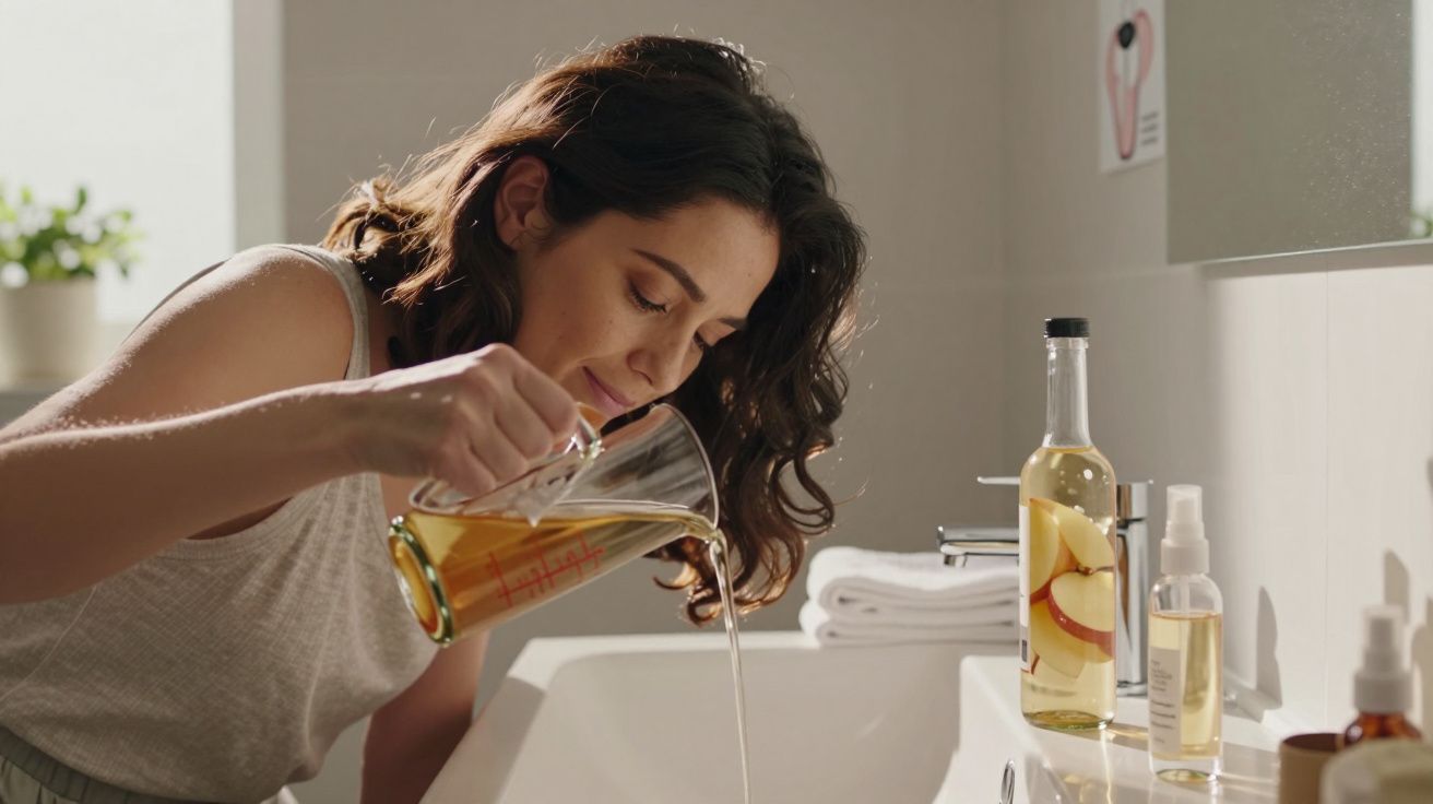 Mulher a despejar líquido de um jarro no lavatório de casa, com garrafas de óleo ao lado.