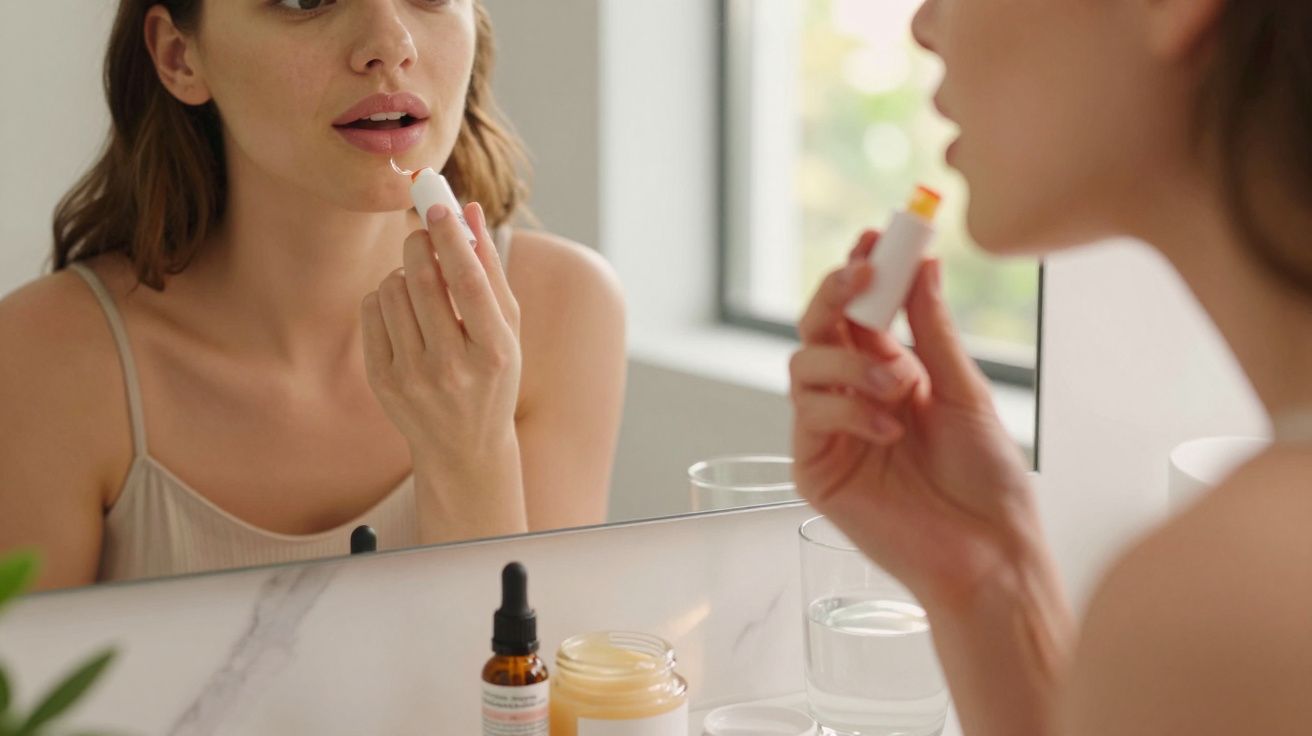 Mulher a aplicar bálsamo labial enquanto se olha ao espelho numa casa de banho iluminada.