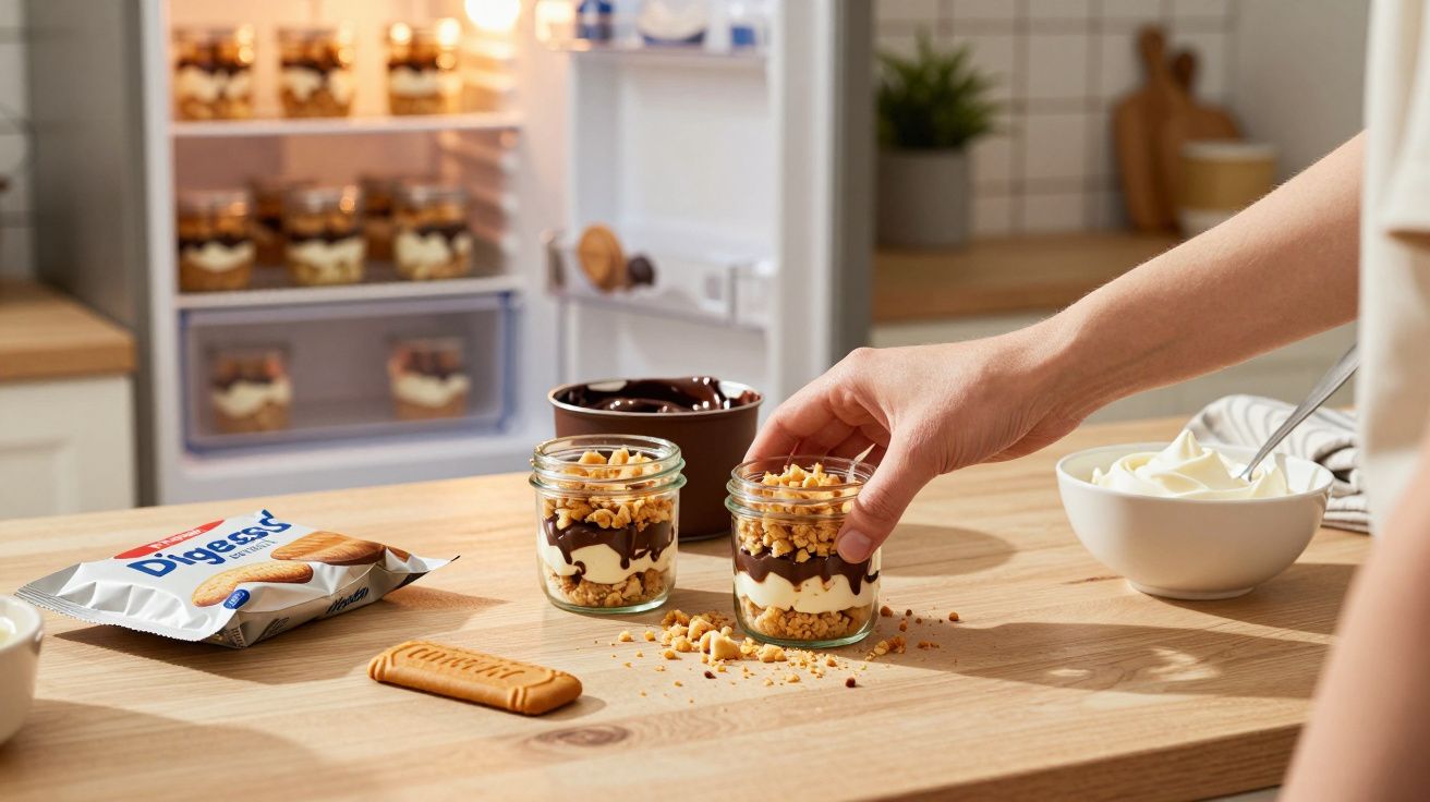 Mão a colocar tarte de chocolate e nozes em frasco na cozinha com recheio e bolachas Digestive.