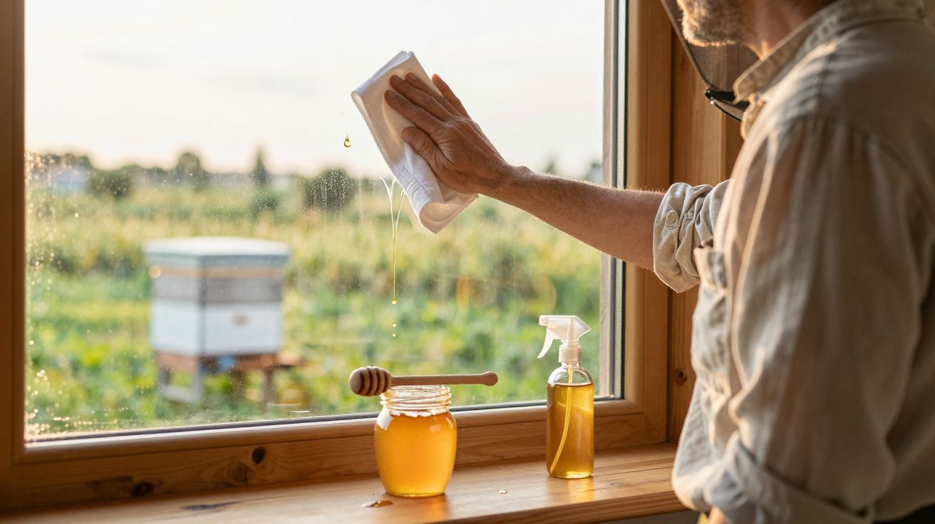 Pessoa a limpar janela com pano, com frasco de mel e spray, com colmeia visível através do vidro.