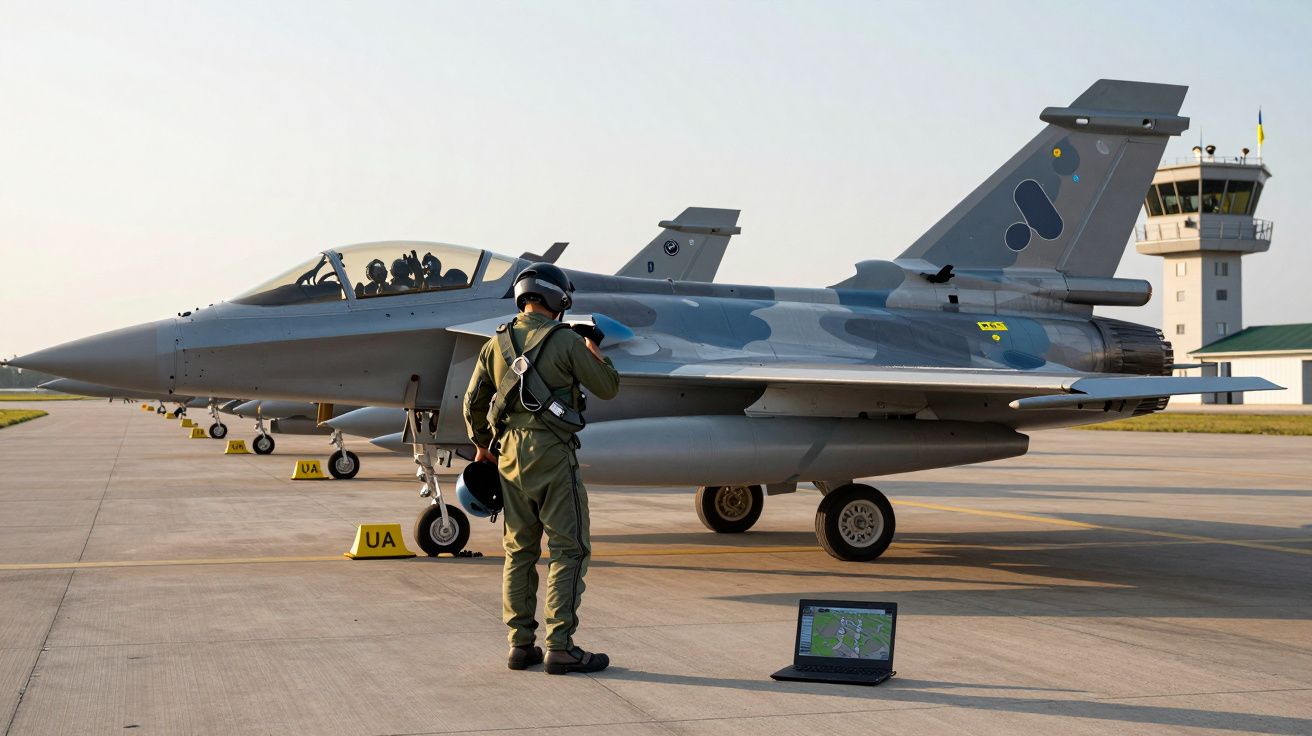 Militar em fato de voo ao lado de caças militares estacionados numa pista de aeroporto numa manhã clara.