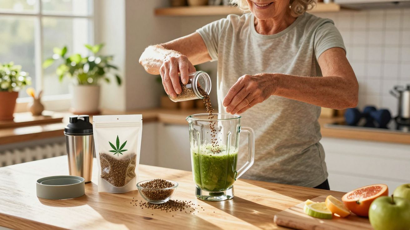 Pessoa a preparar smoothie verde com sementes ao ar livre na cozinha luminosa.