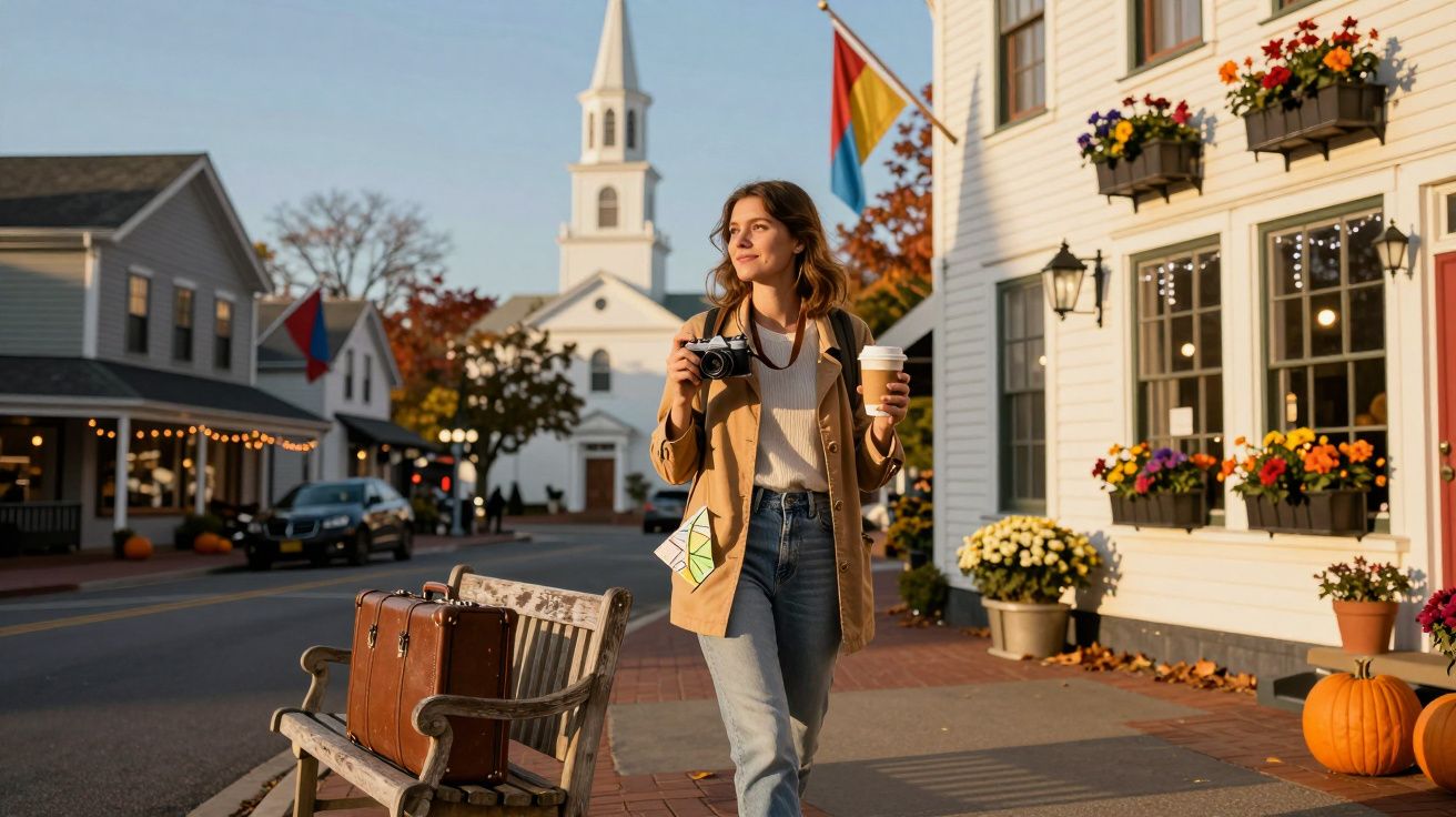 Mulher com câmara e café a caminhar numa rua tranquila de cidade com igreja, flores e decoração outonal.