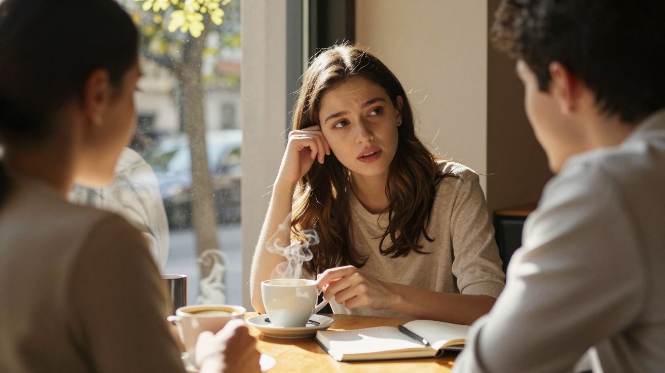 Mulher a conversar preocupada com duas pessoas à mesa de café, com xícaras e bloco de notas.