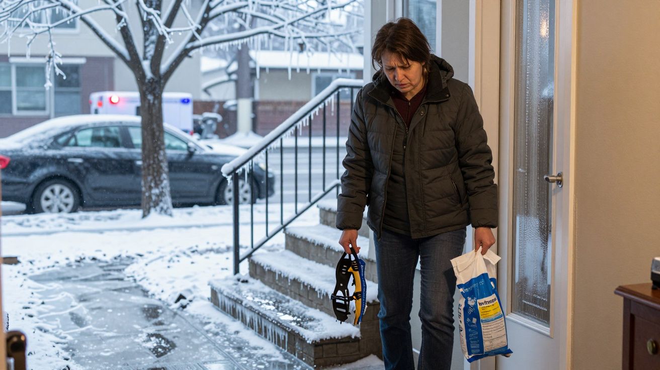 Mulher com casaco castanho escuro segura raquetes antideslizantes e saco de sal para degelo na neve.