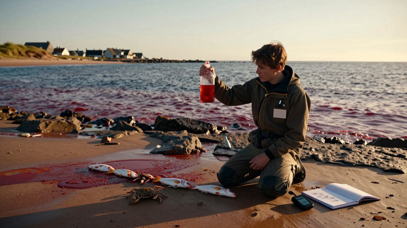 Jovem examina líquido vermelho numa garrafa junto a peixes mortos e caranguejo numa praia ao pôr do sol.
